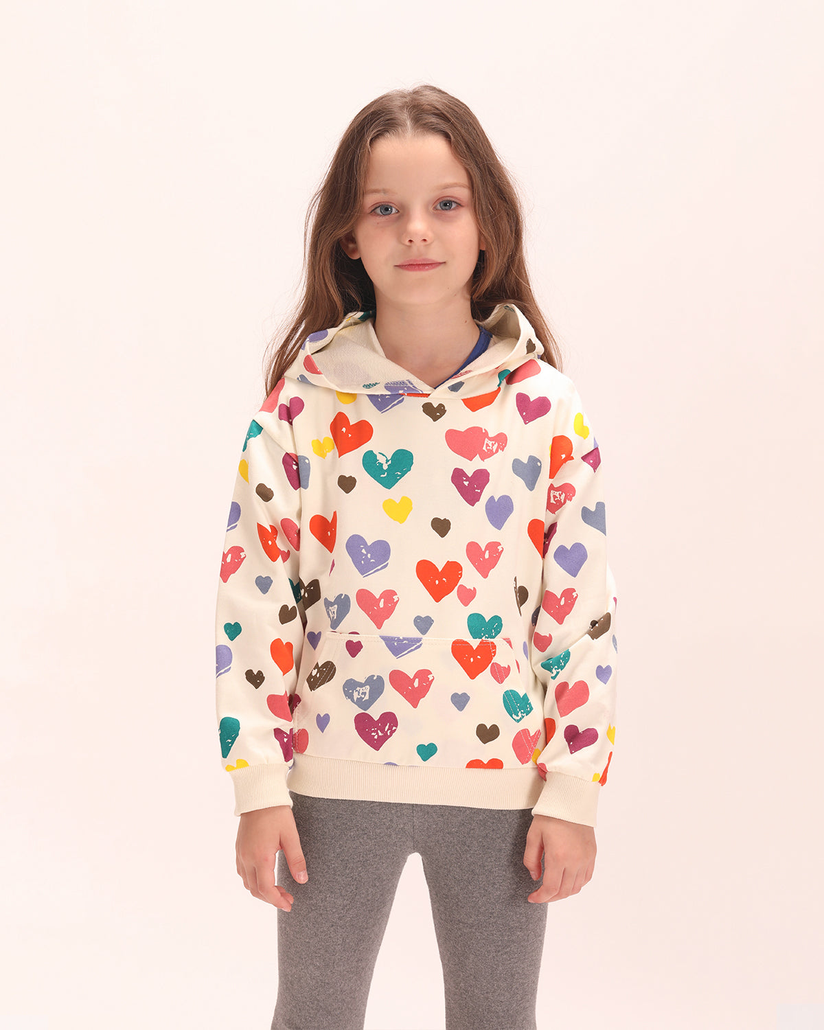 Heartfelt Happiness: Girls' Heart Print Hooded Sweatshirt