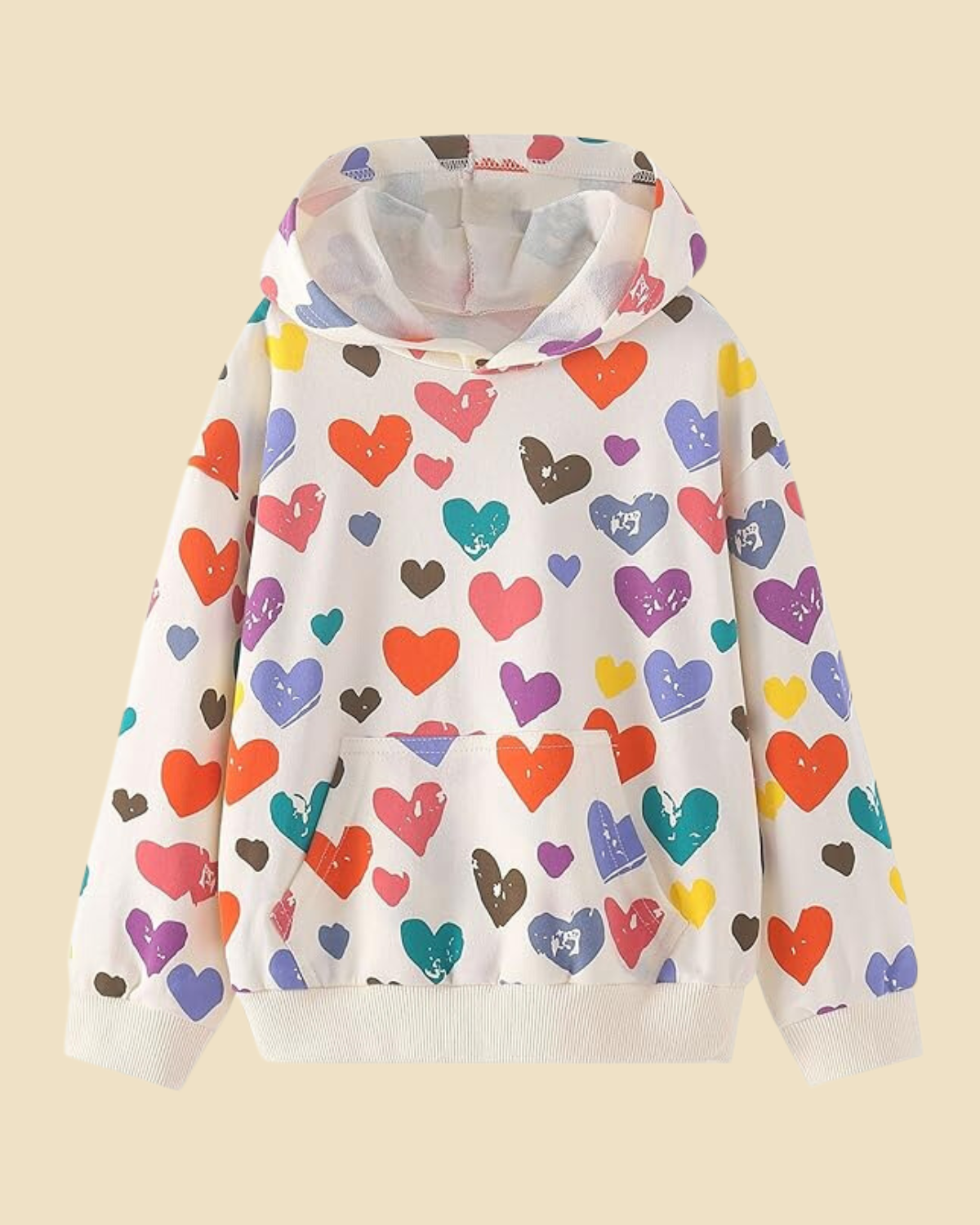 Heartfelt Happiness: Girls' Heart Print Hooded Sweatshirt