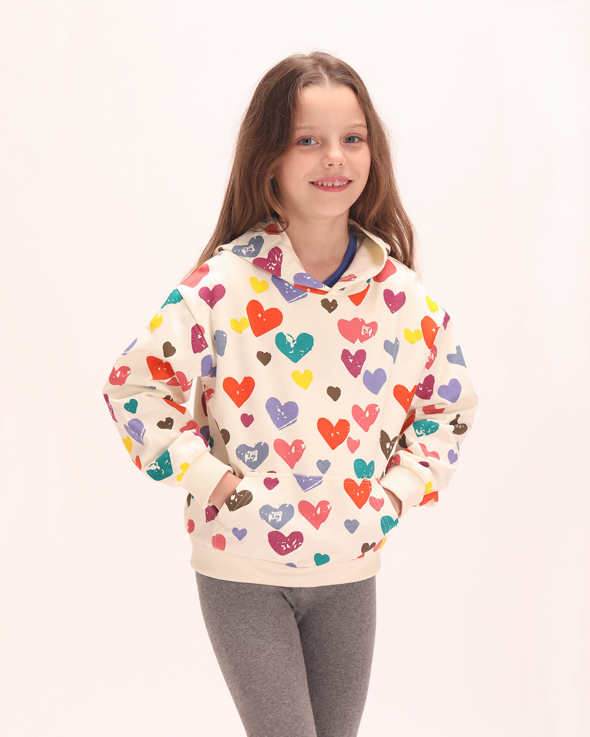 Heartfelt Happiness: Girls' Heart Print Hooded Sweatshirt