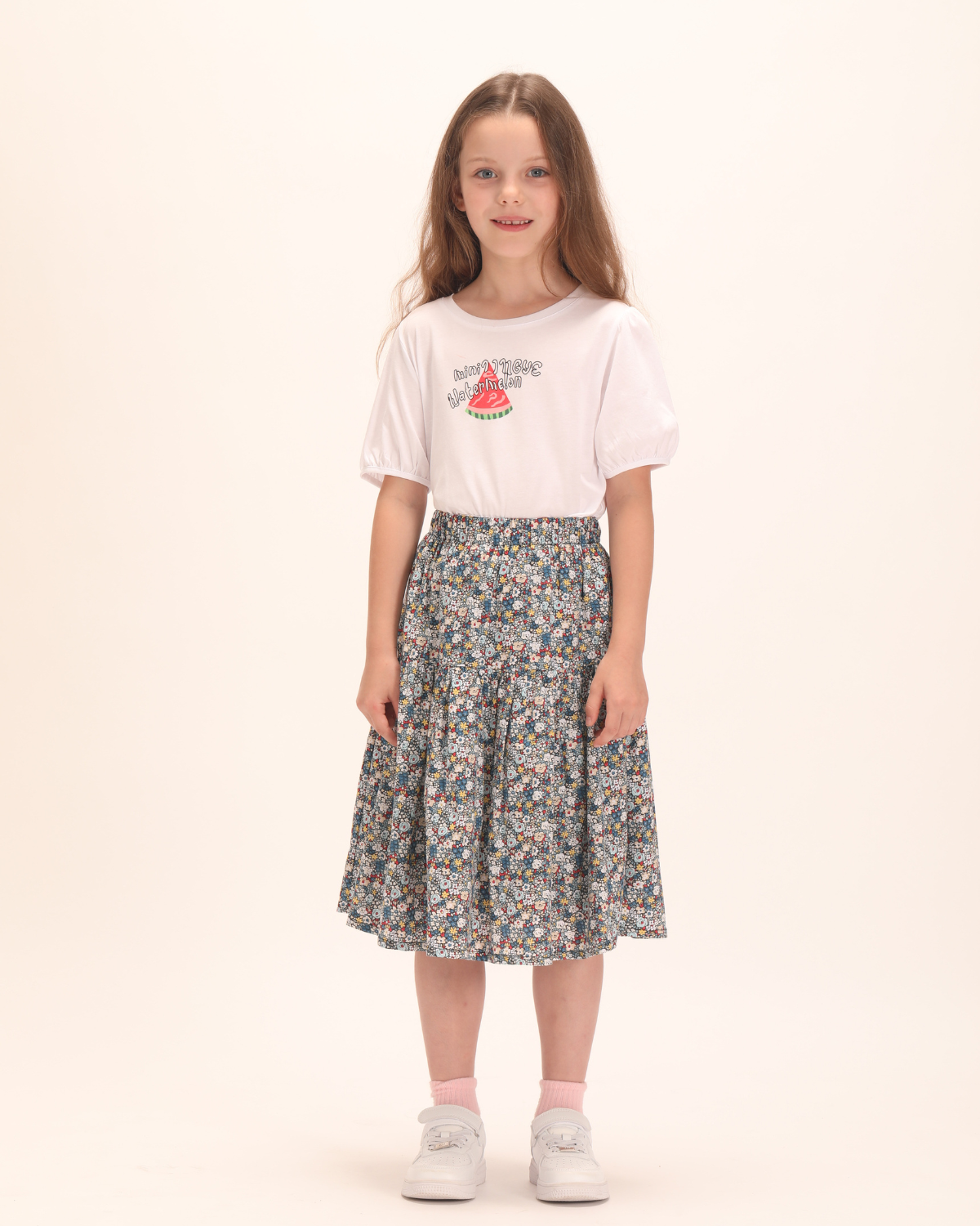 Girls Floral Midi Skirt Blue
