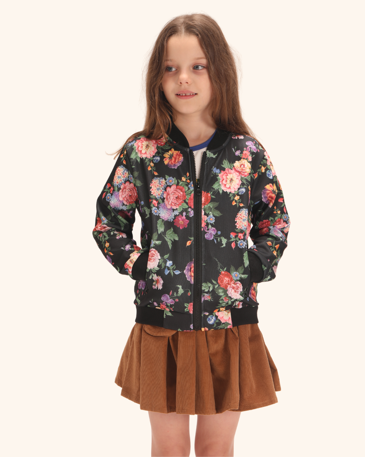 Girls Floral Bomber Jacket Black