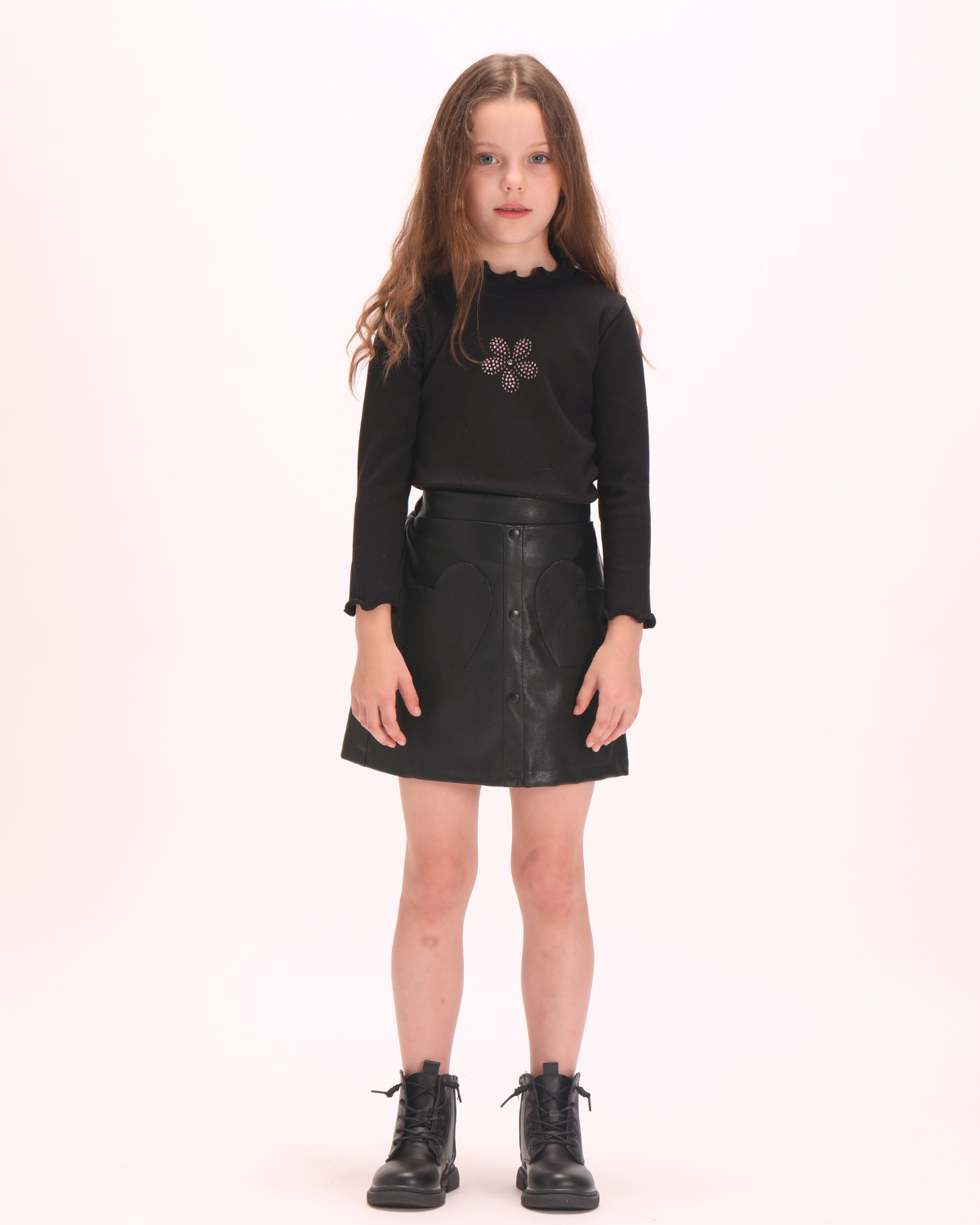 Heartfelt Chic: Girls' Faux Leather Skirt with Heart-Shaped Pockets