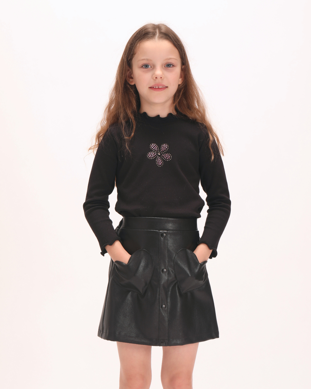 Heartfelt Chic: Girls' Faux Leather Skirt with Heart-Shaped Pockets