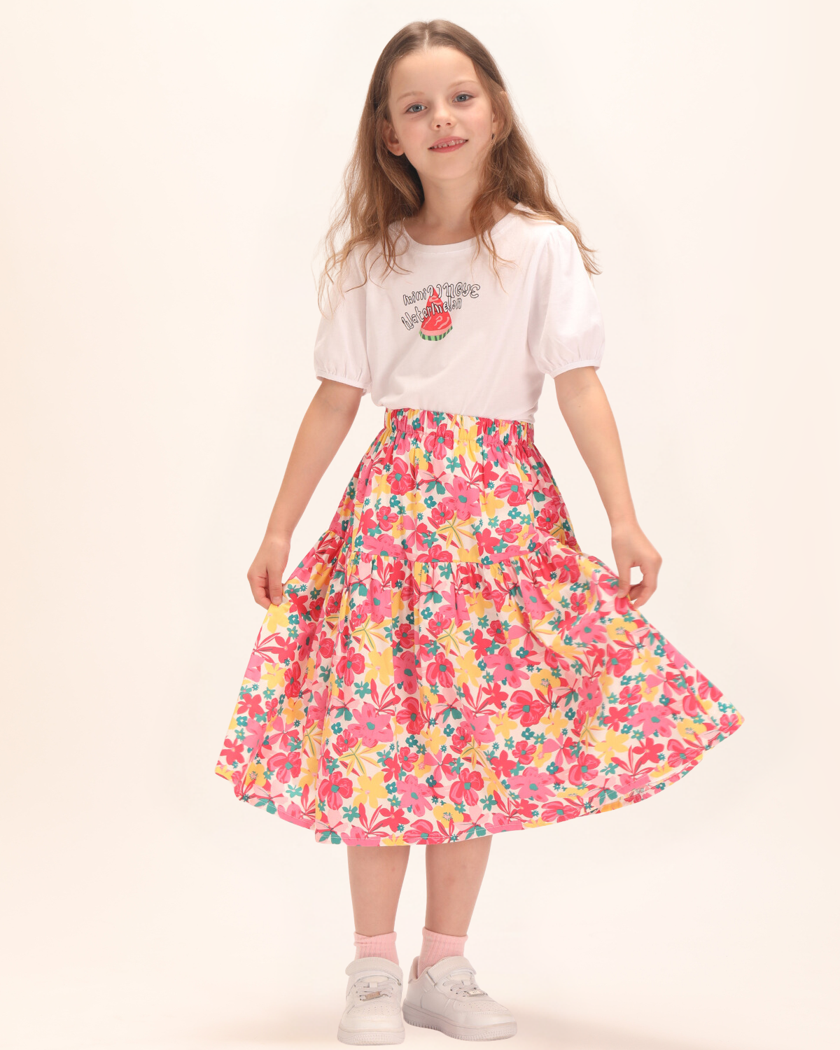 Girls Floral Midi Skirt Pink