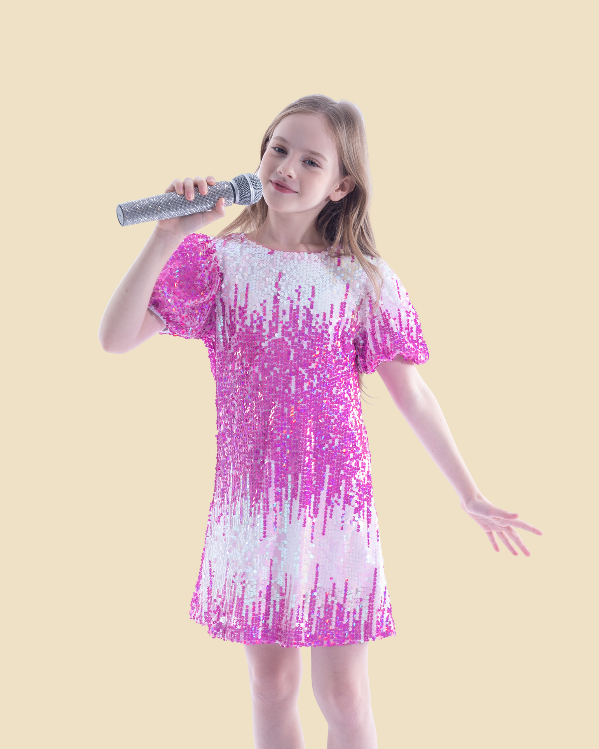 Girls Sequin Short Puff Sleeves Dress