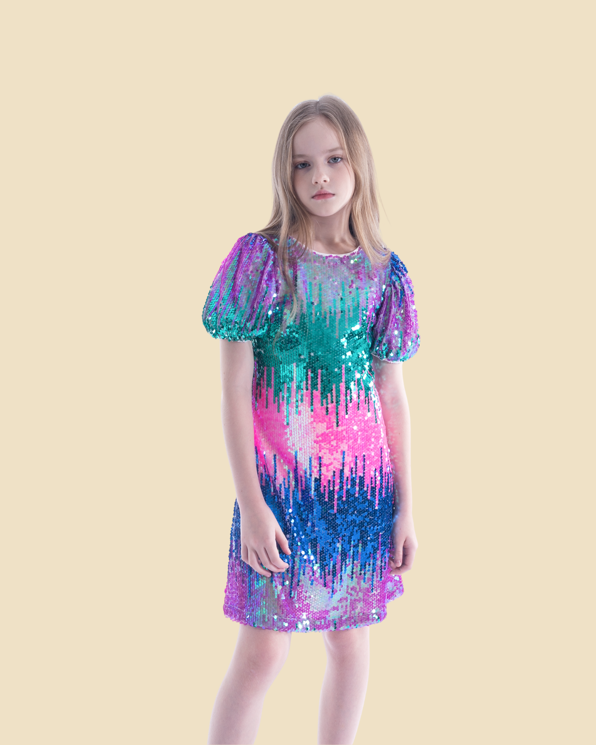 Girls Sequin Short Puff Sleeves Dress